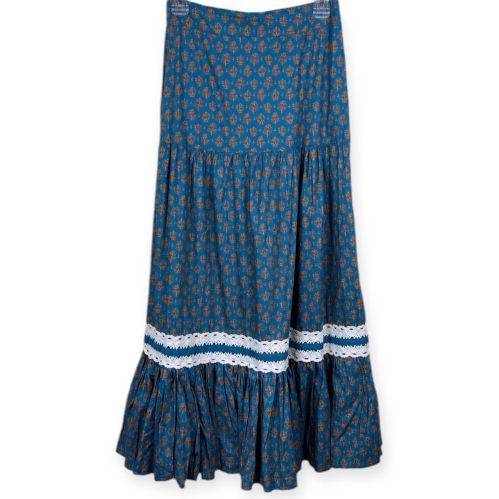 Luna Moon Peasant Tiered Maxi Skirt S Crochet Ruffled Teal Cottagecore Boho